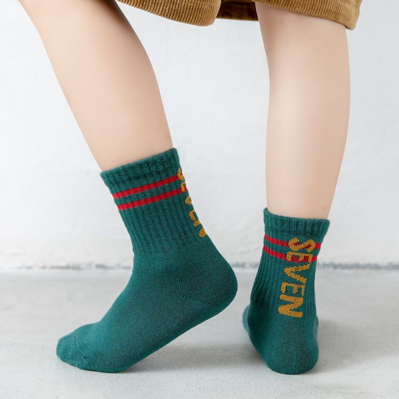 5párové Bavlněné Dětské Posádkové Ponožky Letter Seven Proužkované Pro Chlapce A Dívky