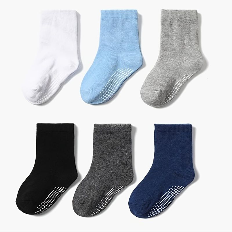 6 Párů Chlapeckých Ponožek Jednobarevné Protiskluzové Dětské Bavlněné Ponožky