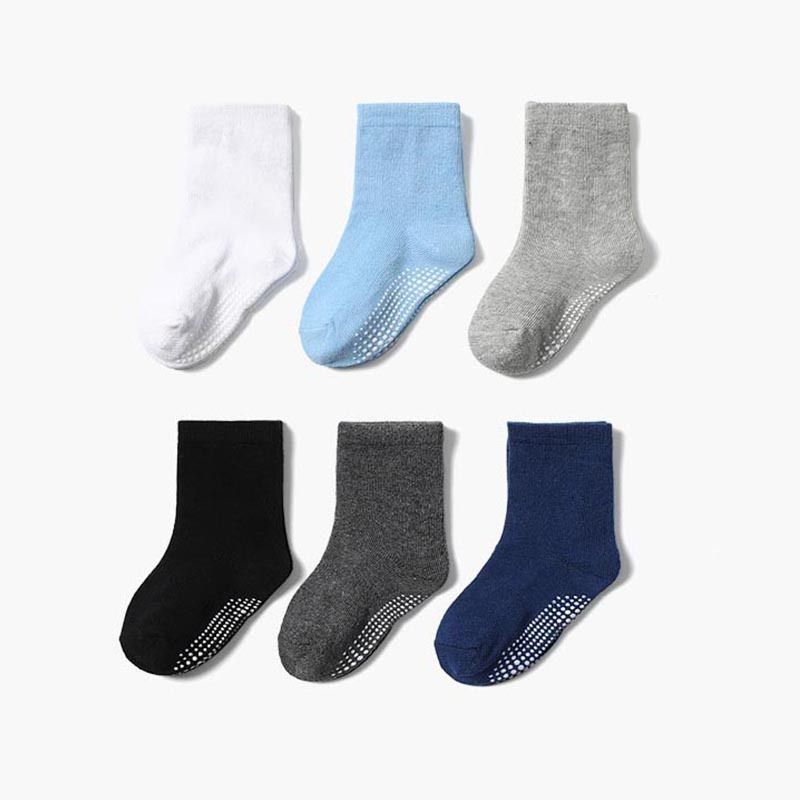 6 Párů Chlapeckých Ponožek Jednobarevné Protiskluzové Dětské Bavlněné Ponožky