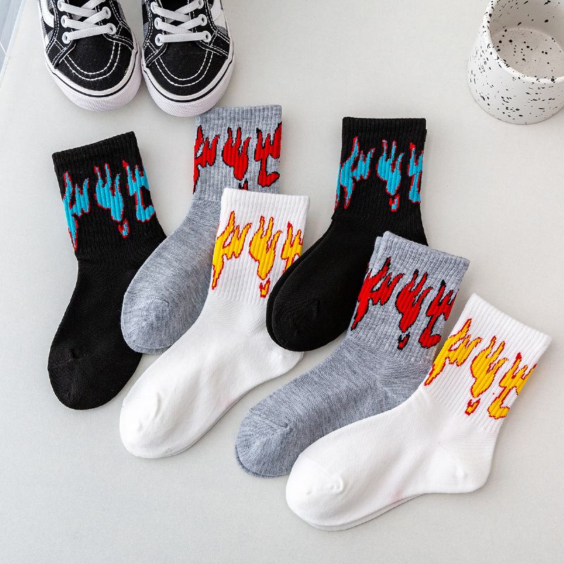 6ks Dětských Ponožek Flame Print Black & White & Grey
