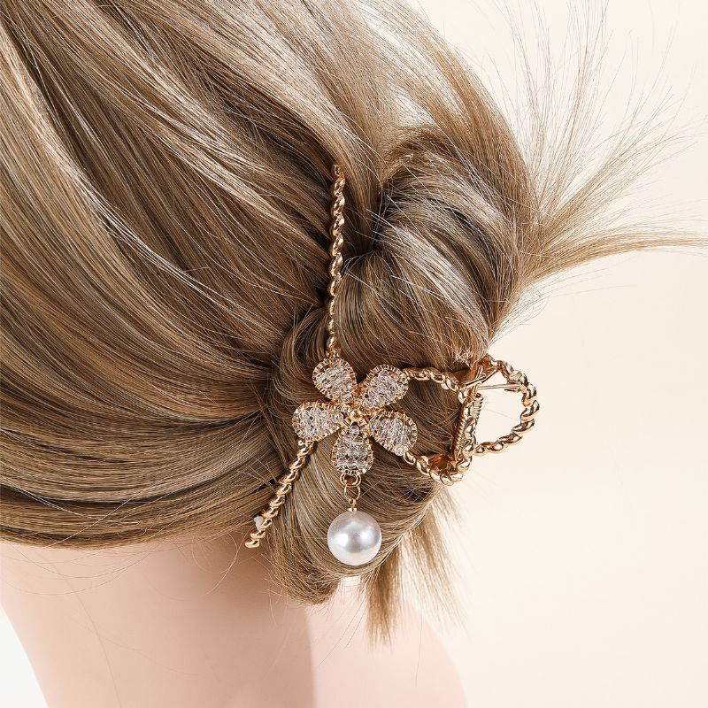 Flower Pearl Hair Claw Květina Kovová Spona Do Vlasů Silná Velká Neklouzavá Vlasová Stylingová Příslušenství Pro Ženy Dívky