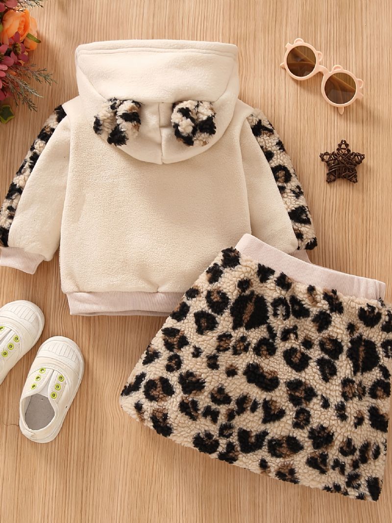 2ks Dívčí Mikina S Kapucí Polar Fleece S Leopardím Písmenem Vyšívací Souprava Top & Sukně Dětské Oblečení