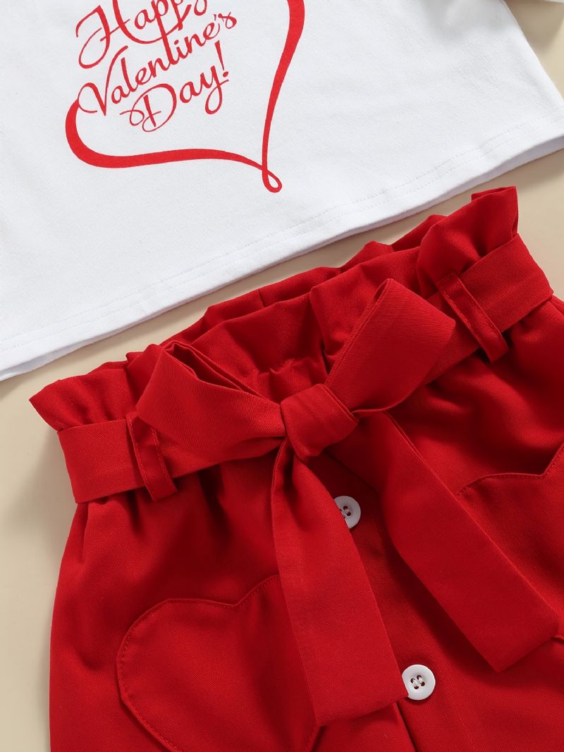 2ks Dívčí Šťastný Valentýn Dopisní Tisk Síťovina Krátký Rukáv Top Pásek Knoflík Sukně Oblečení