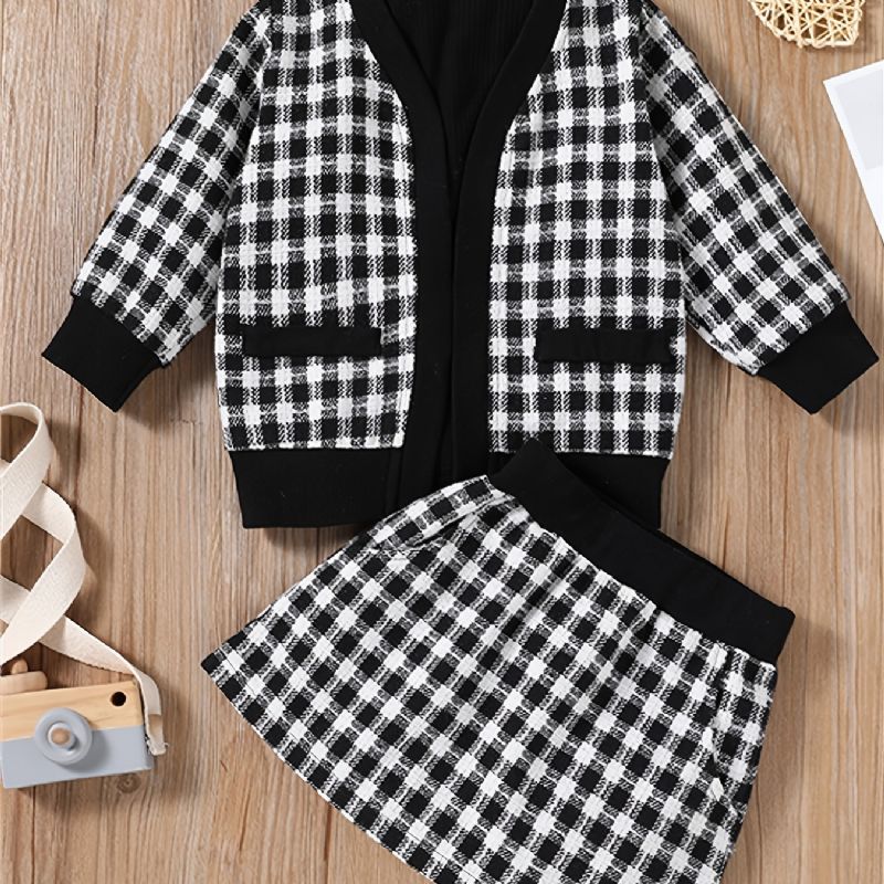 3ks Dívčí Svetr S Dlouhým Rukávem Houndstooth Cardigan A Pletený A Kostkovaná Sukně Dětské Oblečení