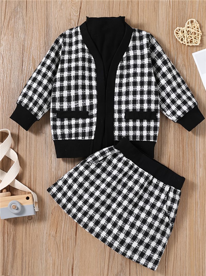 3ks Dívčí Svetr S Dlouhým Rukávem Houndstooth Cardigan A Pletený A Kostkovaná Sukně Dětské Oblečení