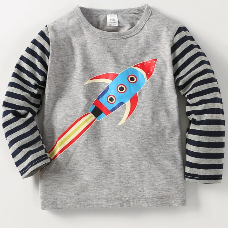 Chlapci Crewneck Cartoon Rocket Pattern Pruhované Ležérní Tričko S Dlouhým Rukávem