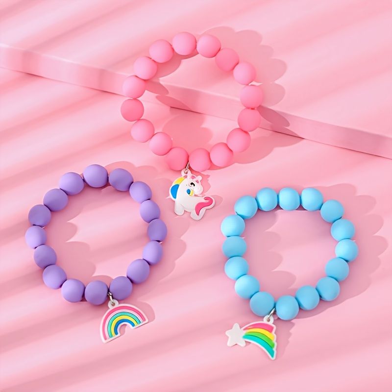 3ks Dětský Náramek Rainbow Unicorn Z Pevných Měkkých Korálků