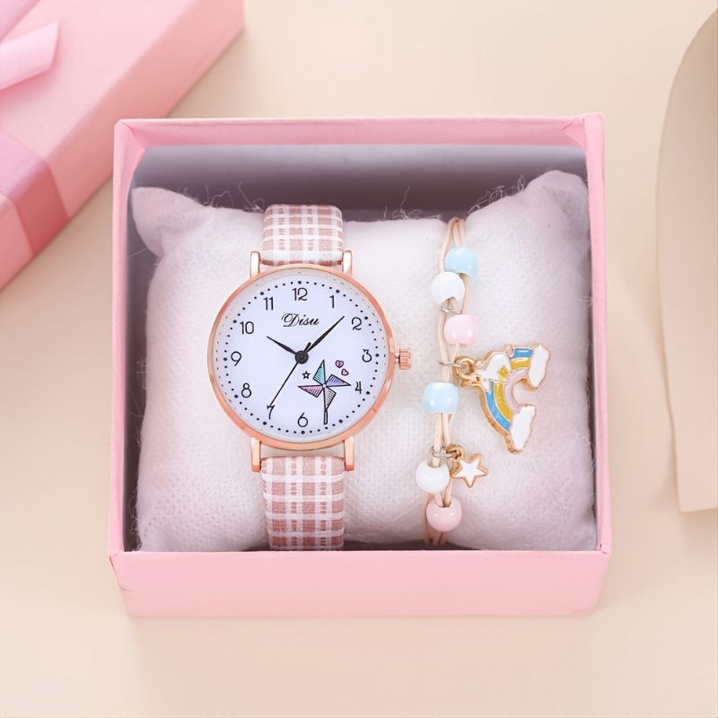 Dívčí Módní Elegantní Kulaté Hodinky Quartz Větrník + Malý Duhový Náramek