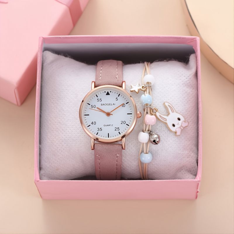 Dívčí Módní Růžové Hodinky Quartz + Náramek Bunny