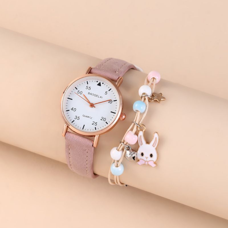 Dívčí Módní Růžové Hodinky Quartz + Náramek Bunny