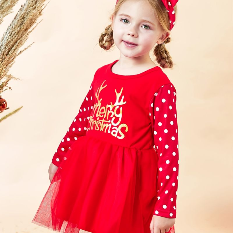 Dívčí Vánoční Červené Puntíkované Mesh Šaty A Čelenka