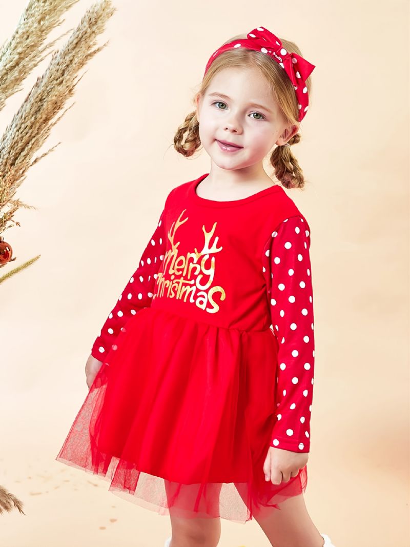 Dívčí Vánoční Červené Puntíkované Mesh Šaty A Čelenka
