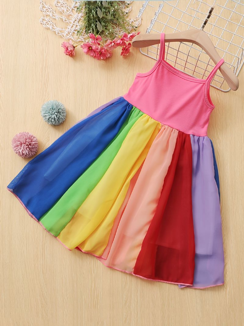 Dívčí Řemínek Bez Rukávů Rainbow Color Patchwork Dress Dětské Oblečení