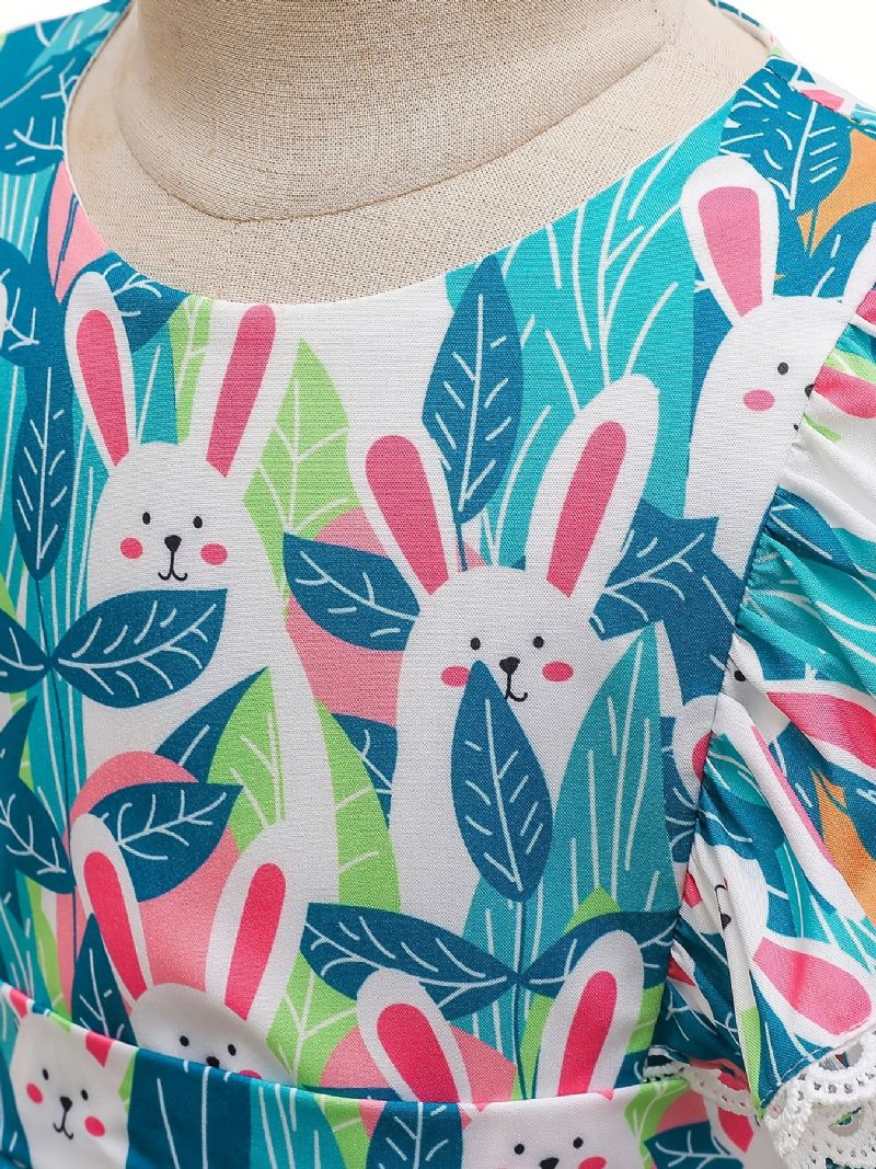 Dívčí Šaty Rabbit Print Flying Sleeve Ruffles Princezna Dětské Oblečení