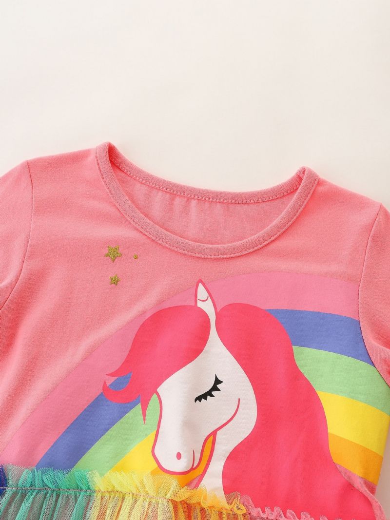 Dívčí Šaty Rainbow Unicorn Se Síťovaným Vzorem Dětské Oblečení