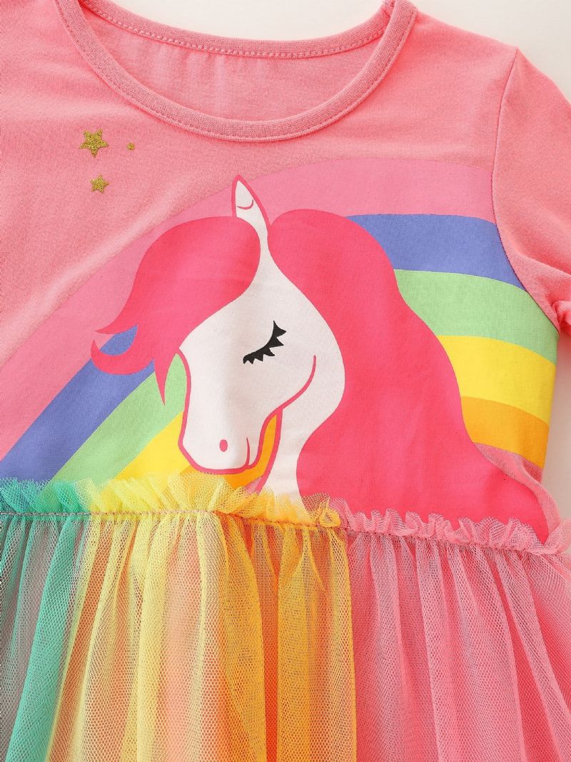 Dívčí Šaty Rainbow Unicorn Se Síťovaným Vzorem Dětské Oblečení