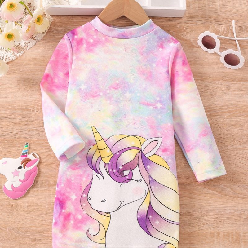 Dívčí Šaty S Kravatou Dye Unicorn Print Dlouhý Rukáv Princezna