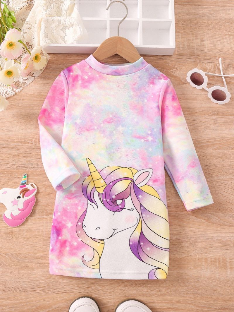 Dívčí Šaty S Kravatou Dye Unicorn Print Dlouhý Rukáv Princezna