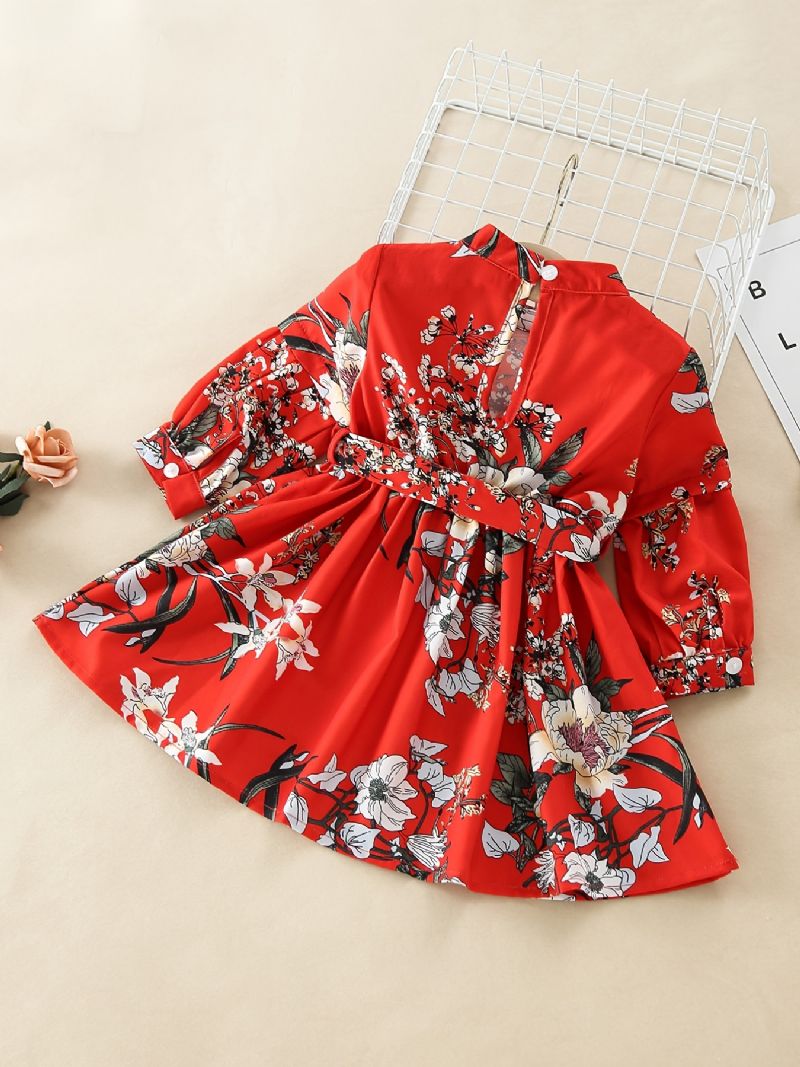 Děťátko Dívky Dress Flowers Print Dlouhý Rukáv Pásek Princezna Šaty Dětské Oblečení