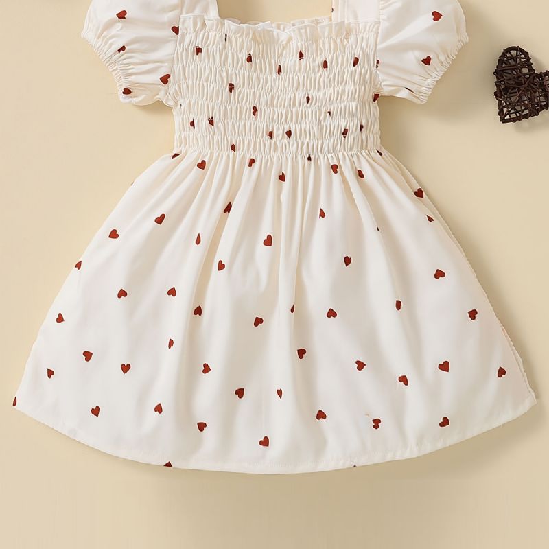 Děťátko Dívky Heart Print Puffer Sleeve Dress Dětské Oblečení