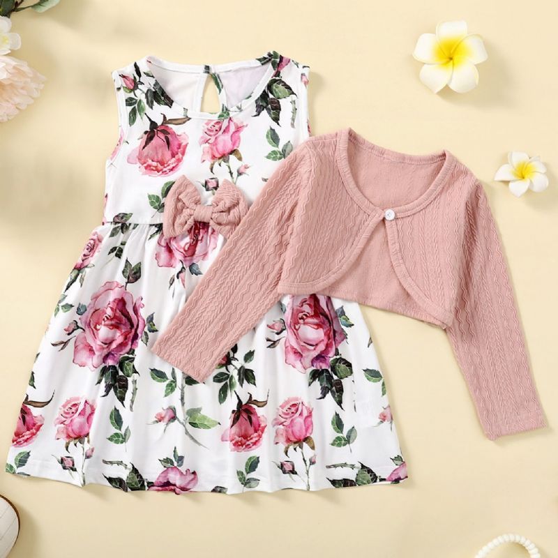 Děťátko Dívky Květinový Potisk Roztomilé Šaty Cardigan Top Dress Set