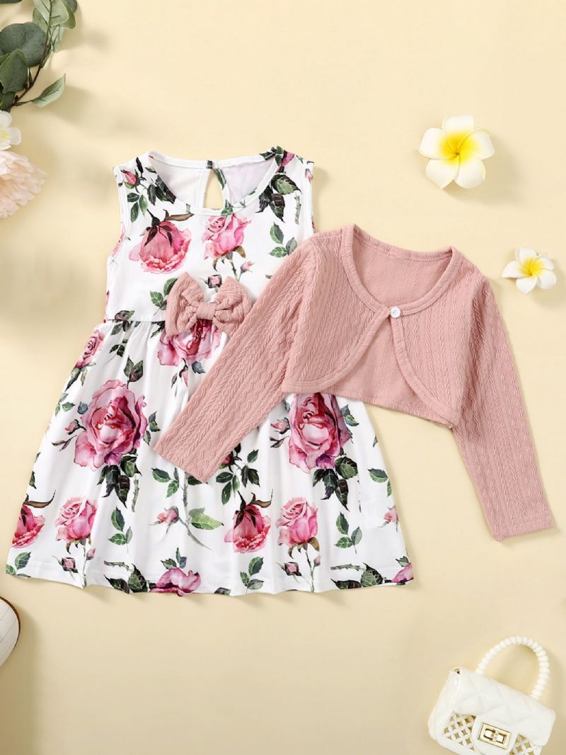 Děťátko Dívky Květinový Potisk Roztomilé Šaty Cardigan Top Dress Set