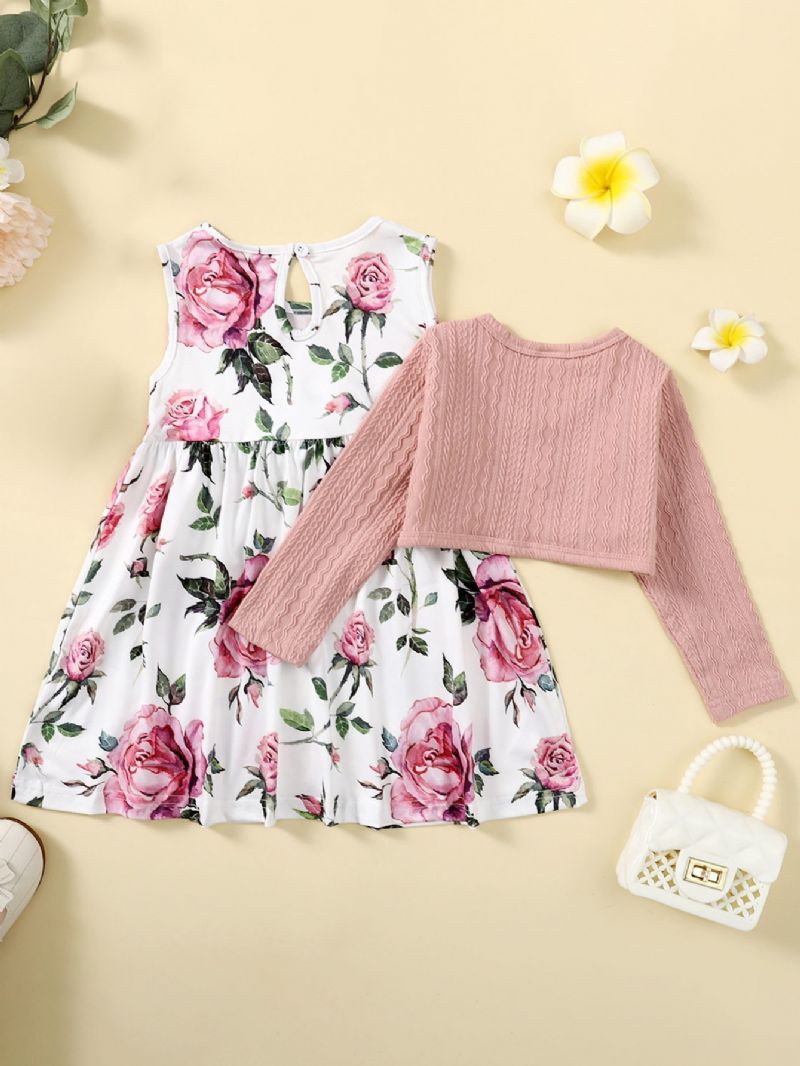 Děťátko Dívky Květinový Potisk Roztomilé Šaty Cardigan Top Dress Set