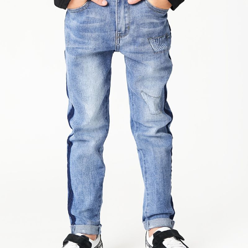 Chlapci Casual Simple Vintage Ripped Denim Jeans Slim Fit Pruhované Kalhoty Color Block