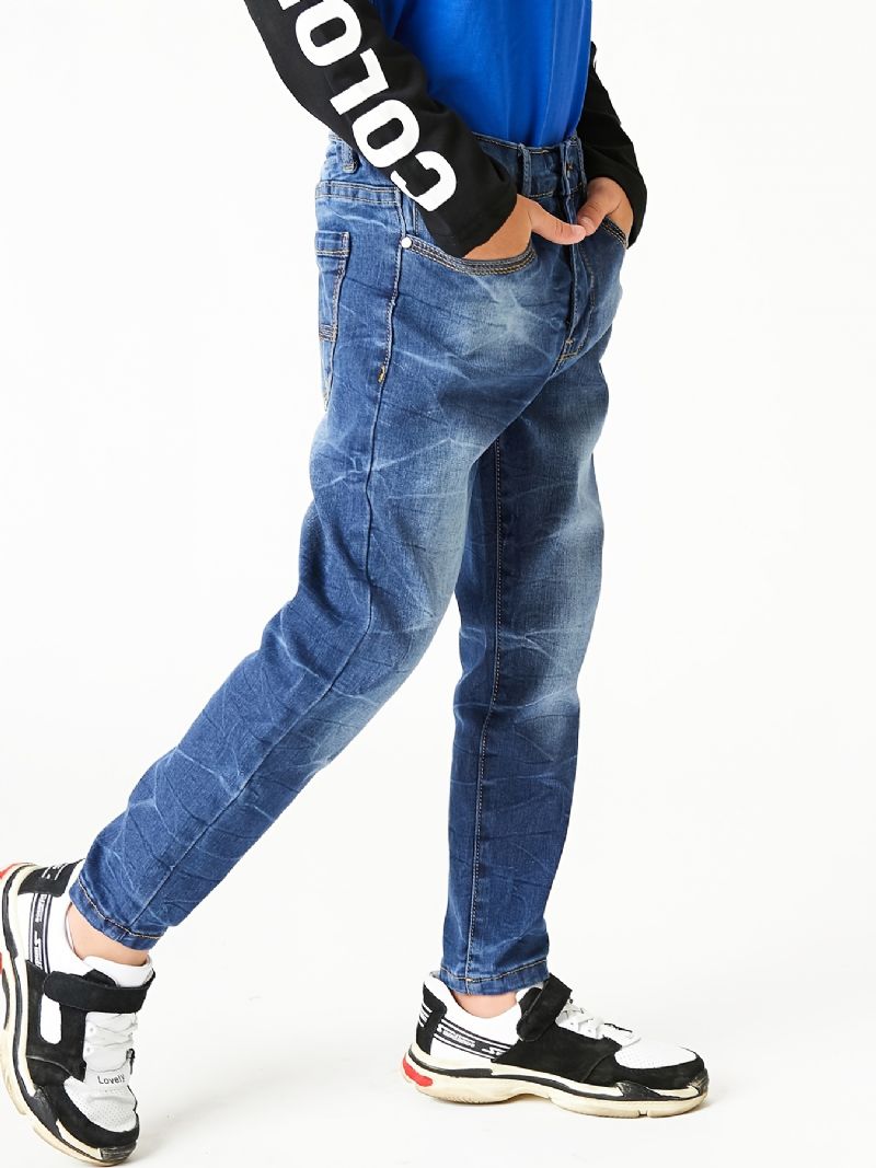 Chlapci Vybledlé Tlačítko Regular Fit Denim Jeans Dětské Oblečení