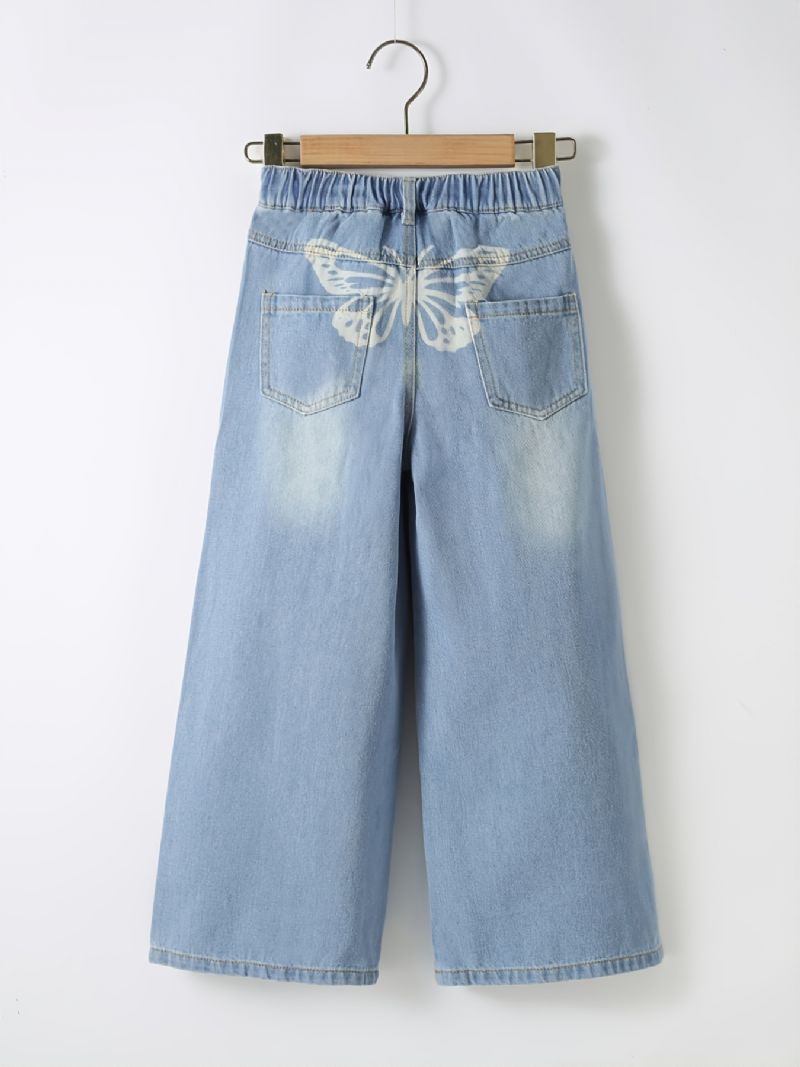 Dívčí Roztrhané Široké Nohy Butterfly Back Print Denim Jeans Dětské Oblečení