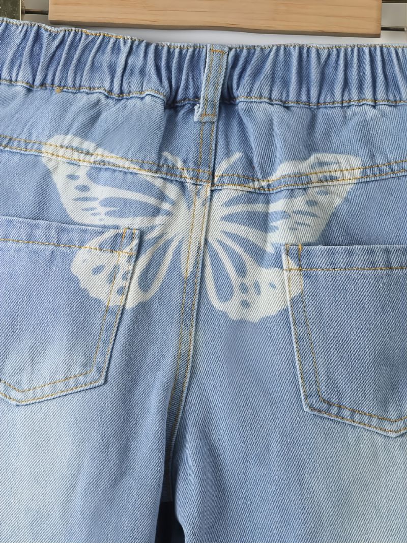 Dívčí Roztrhané Široké Nohy Butterfly Back Print Denim Jeans Dětské Oblečení