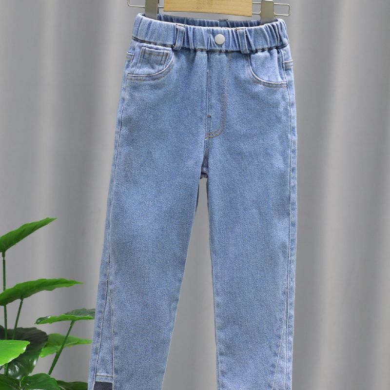 Dívčí Solid Denim Elegantní Džíny S Bočními Kapsami Ležérní Kalhoty