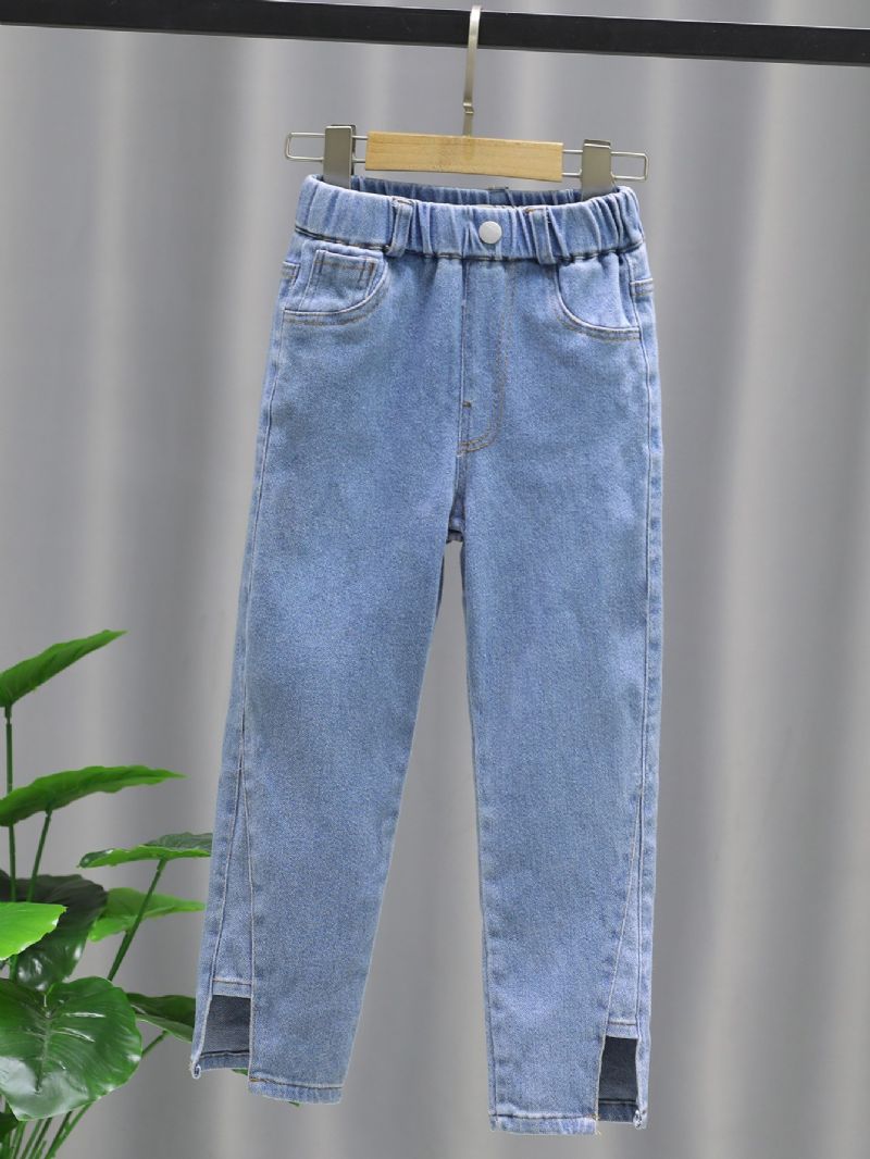 Dívčí Solid Denim Elegantní Džíny S Bočními Kapsami Ležérní Kalhoty