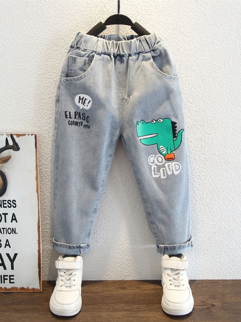 Děťátko Chlapci Jeans Elastický Pas Dinosaur Print Džínové Kalhoty Dětské Oblečení