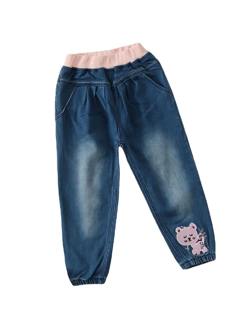 Děťátko Dívky Jeans Elastický Pas Cat Vyšívané Kalhoty Dětské Oblečení