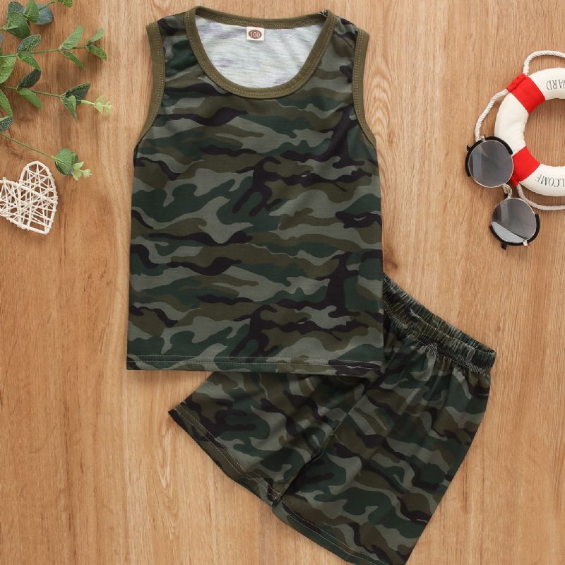 2ks Chlapci Camo Print Casual Set Bez Rukávů