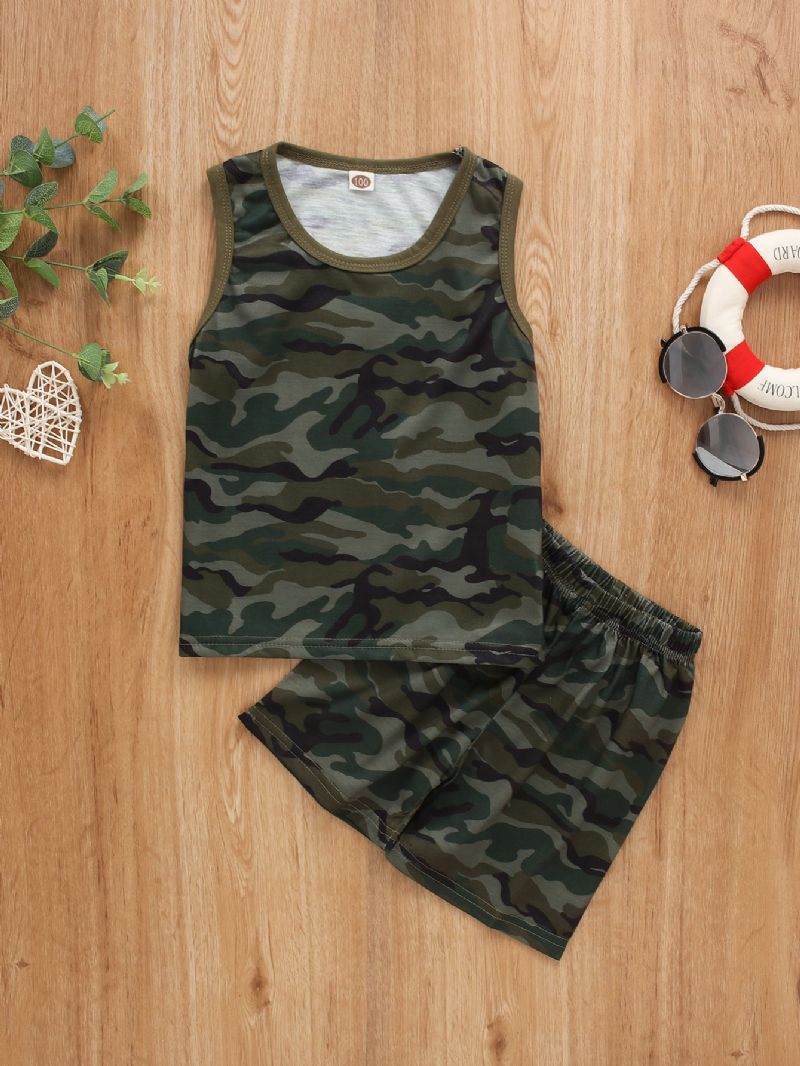 2ks Chlapci Camo Print Casual Set Bez Rukávů