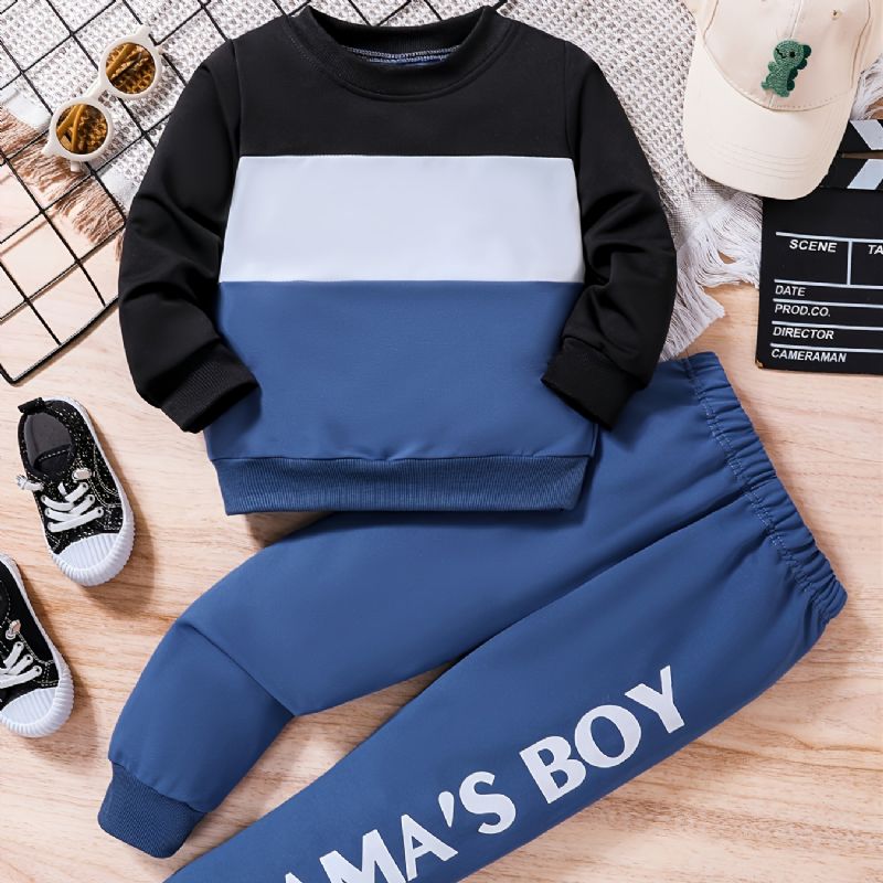 2ks Chlapci Causal Active Set With Color Block Pullover Mikina & Letter Print Tepláky Na Zimu