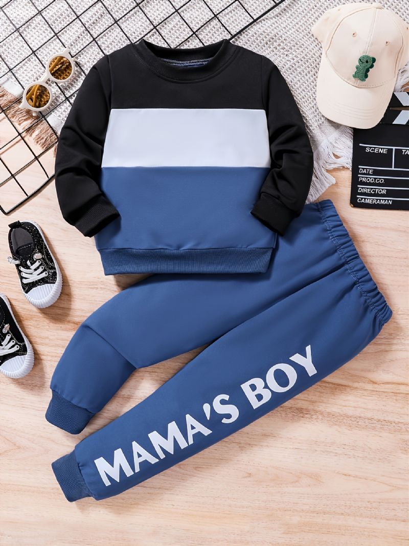 2ks Chlapci Causal Active Set With Color Block Pullover Mikina & Letter Print Tepláky Na Zimu