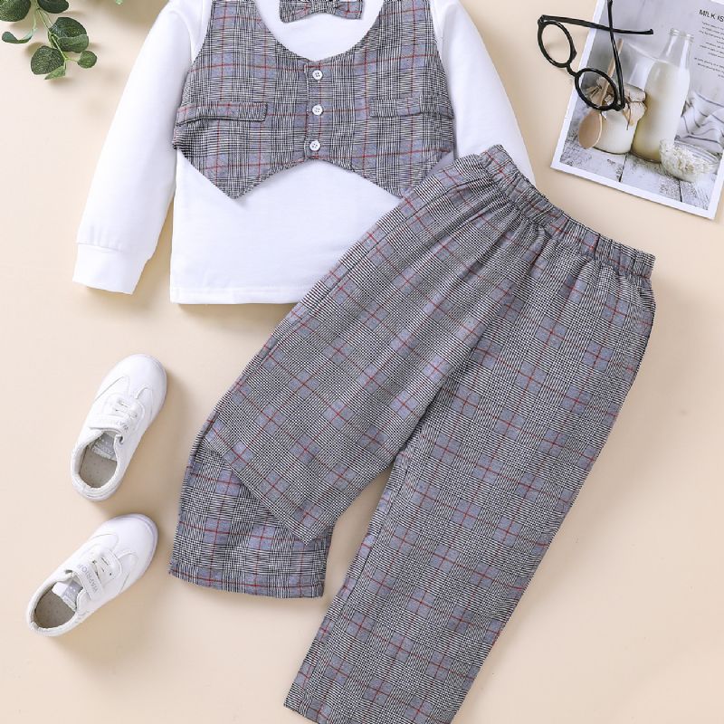 2ks Chlapci Gingham Bow Sleeve Top & Kalts Set