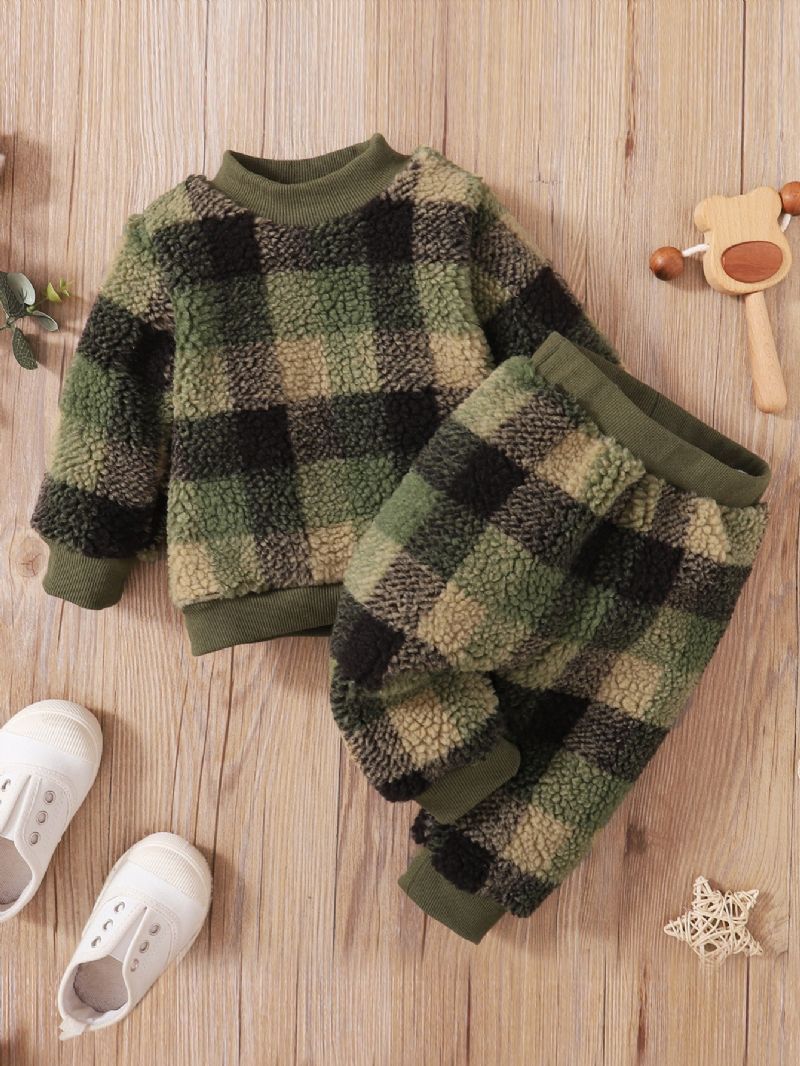 2ks Chlapci Green Plaid Pattern Contrast Trim Top & Kalts Set