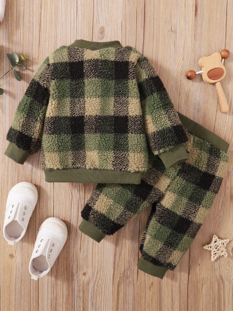 2ks Chlapci Green Plaid Pattern Contrast Trim Top & Kalts Set