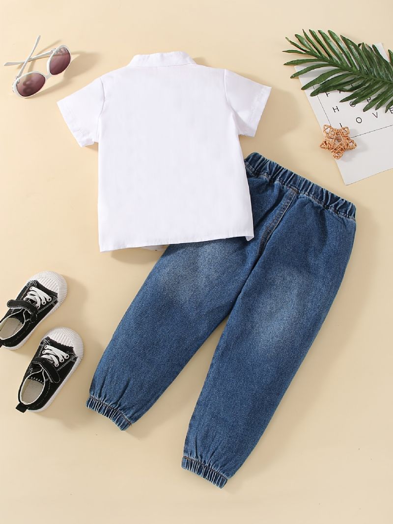 2ks Chlapci White Button Přední Krátký Rukáv Top Pružný Pas Denim Džíny Set Oblečení