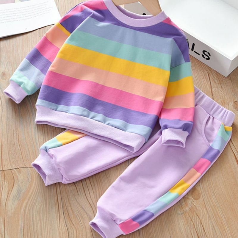 2ks Dívčí Svetr Rainbow Striped Mikina & Kalhoty Set Dětské Oblečení