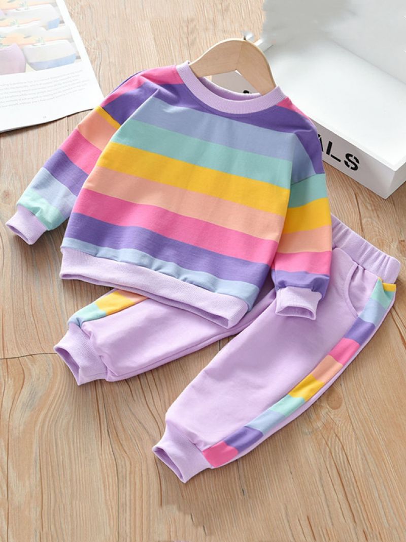 2ks Dívčí Svetr Rainbow Striped Mikina & Kalhoty Set Dětské Oblečení