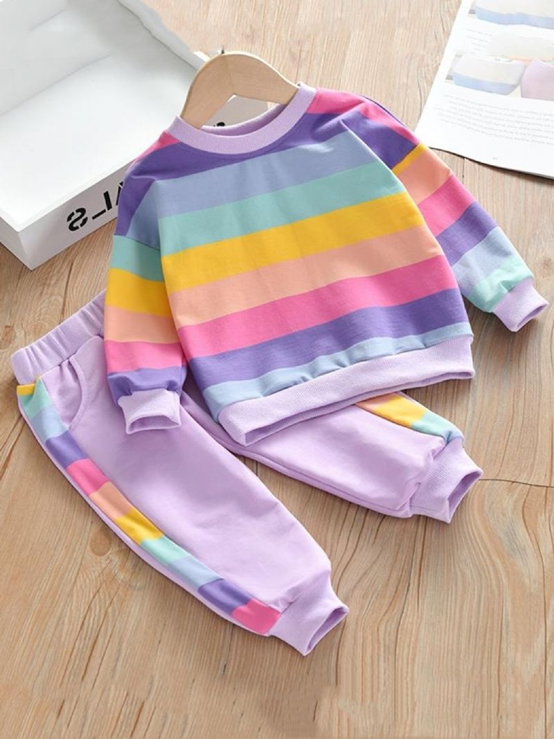 2ks Dívčí Svetr Rainbow Striped Mikina & Kalhoty Set Dětské Oblečení