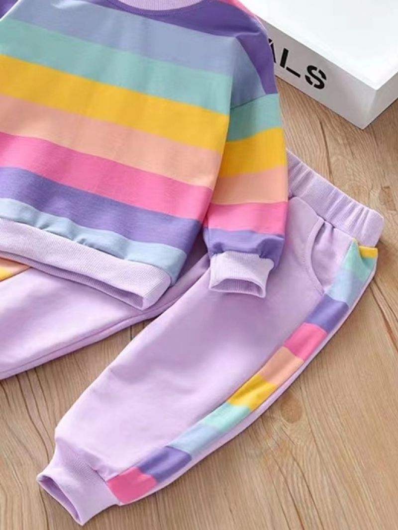 2ks Dívčí Svetr Rainbow Striped Mikina & Kalhoty Set Dětské Oblečení