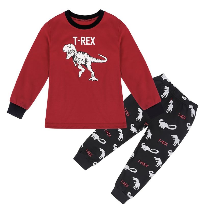2ks Děti Chlapci Pyžama Cartoon Dinosaur Print Set Top & Kalhoty S Kulatým Výstřihem A Dlouhým Rukávem