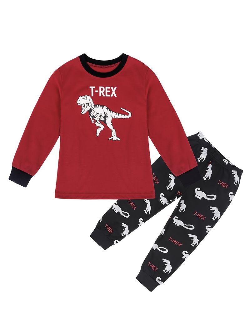 2ks Děti Chlapci Pyžama Cartoon Dinosaur Print Set Top & Kalhoty S Kulatým Výstřihem A Dlouhým Rukávem