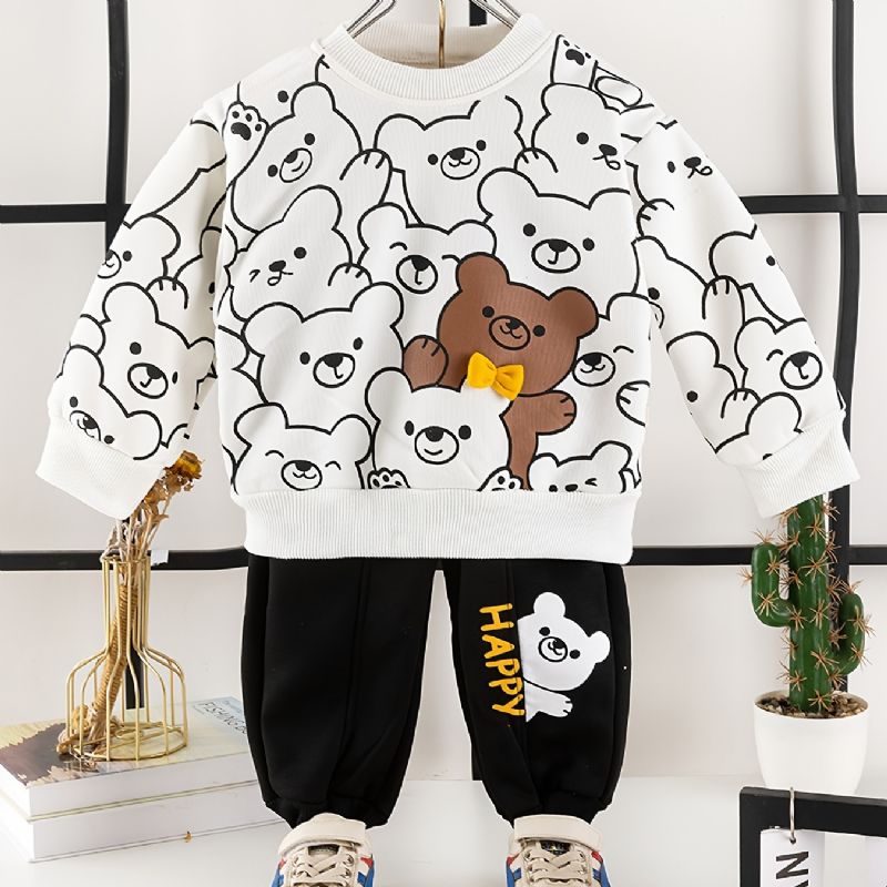 2ks Děťátko Chlapci Cartoon Bear Print Pullover Mikina A Kalhoty S Kulatým Výstřihem A Dlouhým Rukávem Dětské Oblečení